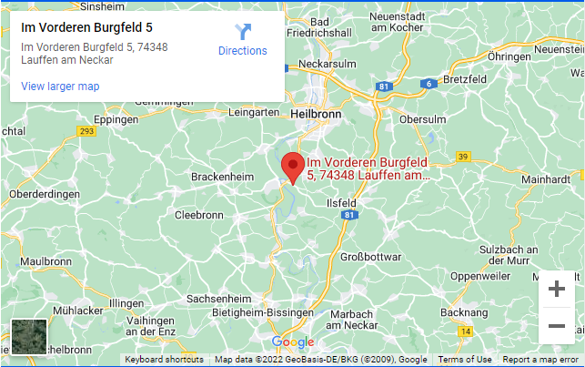 Die Karte zeigt die Lage von "Im Vorderen Burgfeld 5, 74348 Lauffen am Neckar" in Deutschland, markiert mit einem roten Pin auf der Google Maps-Ansicht.