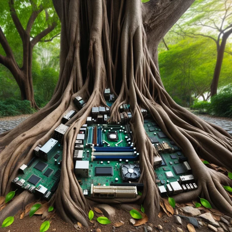 Konzeptkunst eines Baumes mit Wurzeln, die in Computer-Motherboards und IT-Komponenten übergehen, symbolisiert die Verbindung zwischen Natur und Technologie.