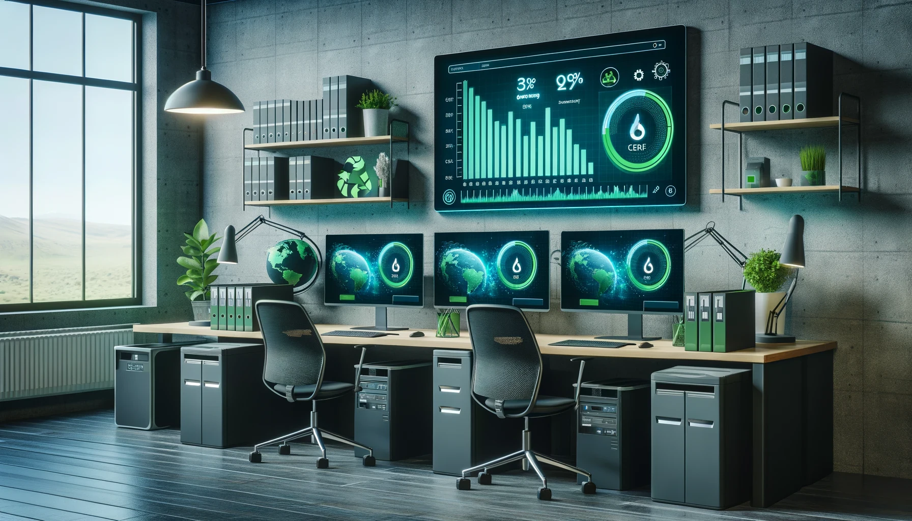 Modernes Büroarbeitsplatz-Setup mit mehreren Monitoren, die Echtzeit-Daten und Weltkarten anzeigen, in einem Raum mit industrieller Ästhetik und Pflanzendekor.