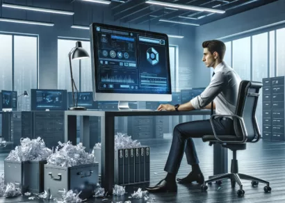 Mann arbeitet an einem modernen Arbeitsplatz mit mehreren Bildschirmen, die Sicherheits- und Überwachungsdaten anzeigen, umgeben von zerkleinerten Papierhaufen, symbolisch für Datensicherheit und Vernichtung.