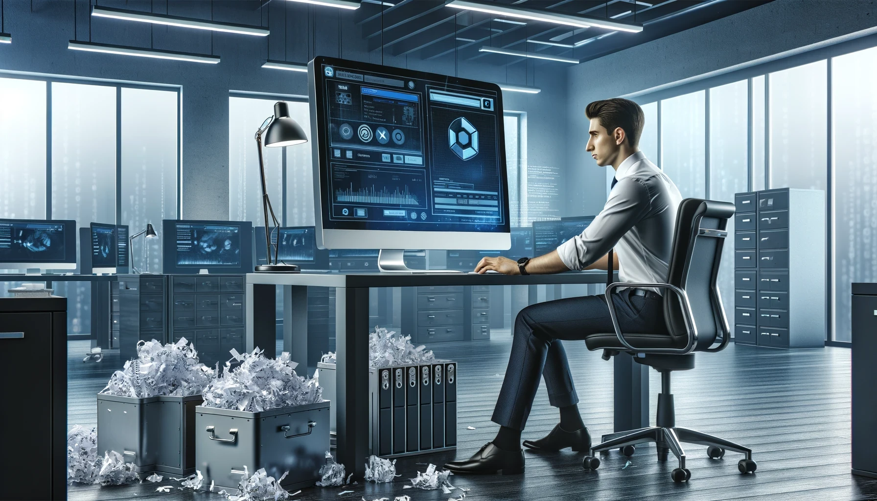 Mann arbeitet an einem modernen Arbeitsplatz mit mehreren Bildschirmen, die Sicherheits- und Überwachungsdaten anzeigen, umgeben von zerkleinerten Papierhaufen, symbolisch für Datensicherheit und Vernichtung.