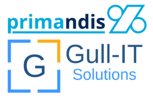 Logo von Gull-IT Solutions und primandis, mit stilisierten Buchstaben in Hellblau, Dunkelblau und Orange, symbolisierend IT-Refurbishment und Dienstleistungen.